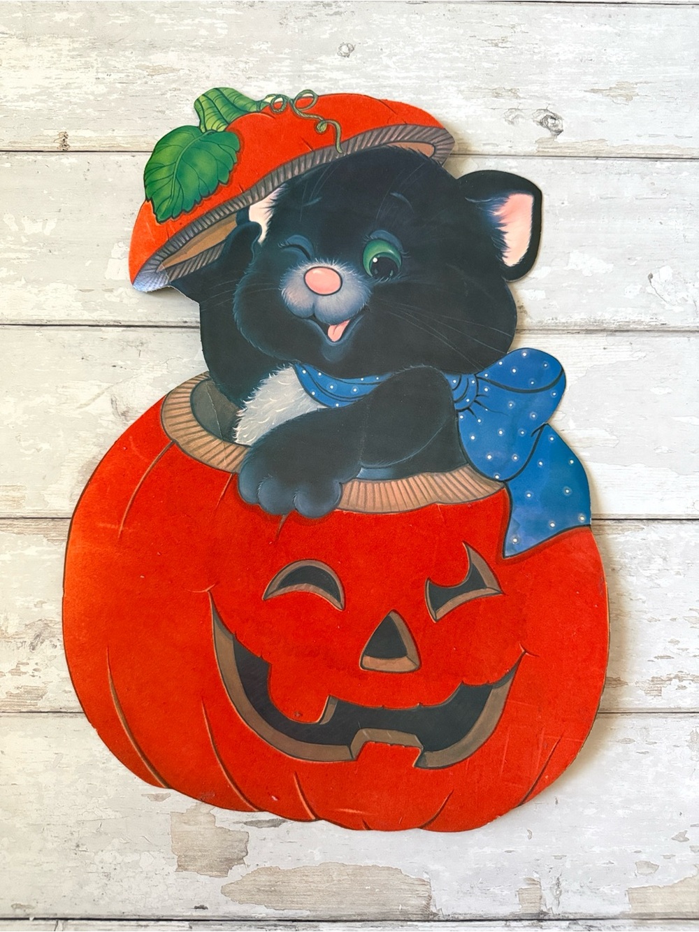 Vintage Black Cat in Pumpkin Halloween Decor 18in Tall Flat 2D Indoor Decoration